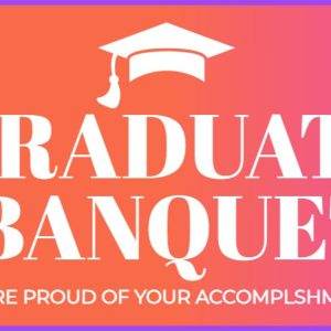 Graduate banquet invitation with a mortarboard graphic against an orange and purple backdrop.