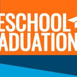 Preschool graduation graphic with a mortarboard icon on an orange and blue background.