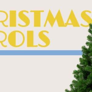 Christmas Carols text with a decorated pine tree on the right.