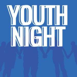 Vibrant Youth Night poster with silhouettes and abstract shapes.