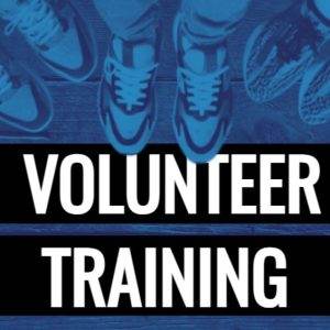 Diverse group of people in sneakers standing together, top view, with bold text 'Volunteer Training'.