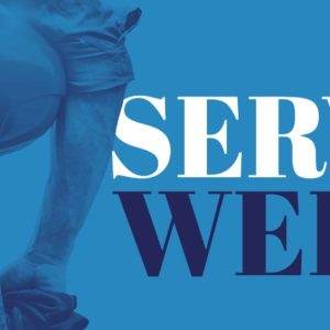 Image of a person holding a hard hat with the words "Serve Week" in bold text, on a blue background.