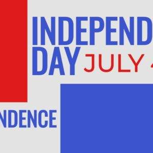 Bold graphic with "Independence Day, July 4th" in red and blue on a minimalist design.