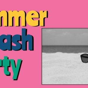 Black sunglasses resting on a vibrant beach with Summer Splash Party text.