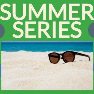 Sunglasses on sandy beach with blue ocean in Summer Series template.