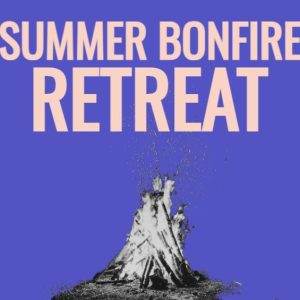 Vibrant poster for a summer bonfire retreat with a captivating flame illustration on a blue background.