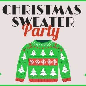 Festive green Christmas sweater with tree motifs and text for party invitation