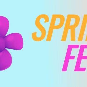 Vibrant purple flower with bold 'Spring Fest' text on a pastel background.