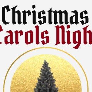 Festive poster for a Christmas Carols Night with a tree and gold circle.