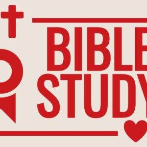 Modern red and white Bible study logo with symbols of a cross and heart.