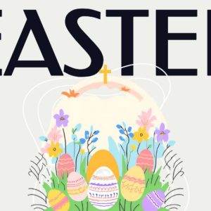 Colorful Easter eggs nestled amidst spring flowers beneath bold Easter text.