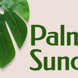 Vibrant green palm leaf next to 'Palm Sunday' text on a beige background.