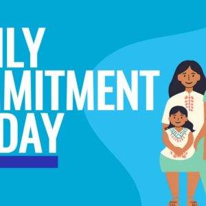 Illustrated family on a blue background for Family Commitment Sunday.