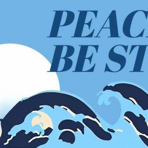 Blue ocean waves under a bright full moon with the phrase "PEACE BE STILL".