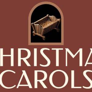 Illustration of a manger with Christmas Carols text on a brown background.