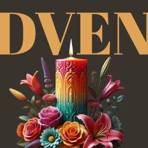 Colorful Advent candle surrounded by vibrant flowers on a dark background.