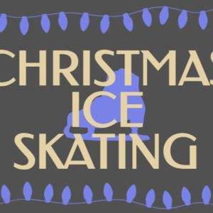 Christmas ice skating graphic with blue holiday lights.