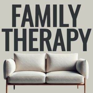 Modern sofa with the words "Family Therapy" in bold letters above it on a neutral background.