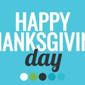 Happy Thanksgiving Day graphic with bold text on a blue background.