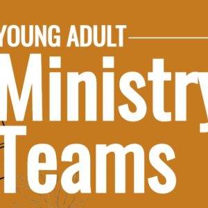 Young adult holding a Bible with text about ministry teams on an orange background.