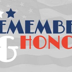 Patriotic theme with bold "Remember & Honor" text in red, white, and blue against an American flag background.