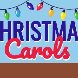 Festive Christmas carols banner with colorful string lights.