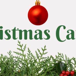 Festive Christmas Carols banner with red ornament and greenery.