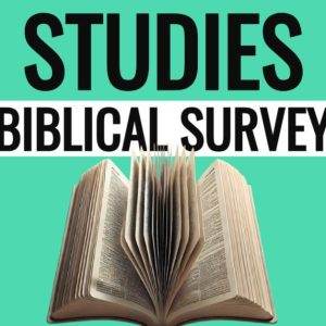 Open book with pages fanned out against a green background, featuring the words "Studies Biblical Survey."