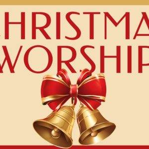 Christmas Worship graphic with golden bells tied by a red bow on a festive background.