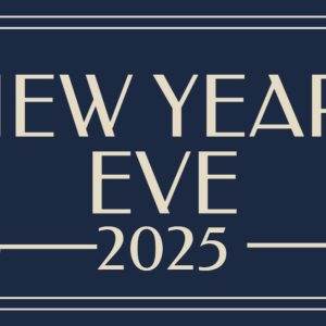 Elegant New Year's Eve 2025 graphic with white floral accents on a dark blue background.