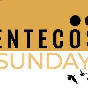 Birds flying with "Pentecost Sunday" text on a golden background.