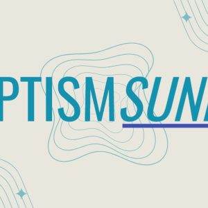 Baptism Sunday text with geometric design and wavy lines on a light background.