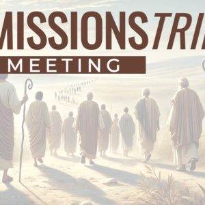 Group of people in robes walking down a sunlit path towards a destination, titled "Missions Trip Meeting."