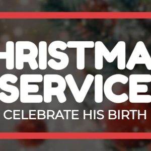 Christmas service announcement with festive background and red border.