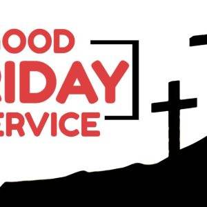 Good Friday Service with three crosses on a hill silhouette against a white background.