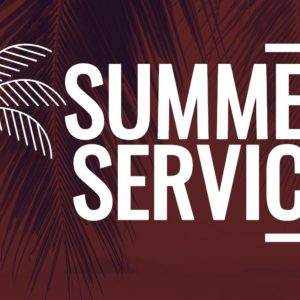 Palm tree silhouette with "Summer Service" text on a warm brown background.