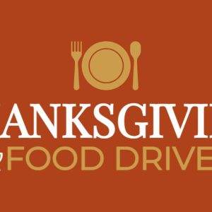 Thanksgiving Food Drive banner with plate and cutlery icons on a warm brown background.