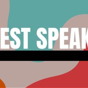 Colorful abstract background with the words 'Guest Speaker' in bold white text.