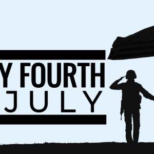 Silhouette of a soldier saluting with an American flag on a hill, celebrating the Fourth of July.