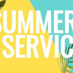 Vibrant summer service graphic with tropical leaves on yellow and teal background.