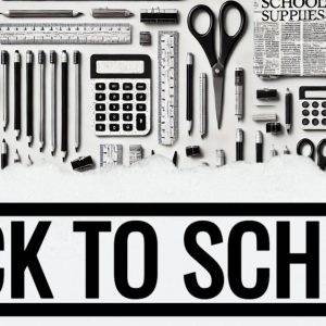 Array of school supplies including pencils, scissors, and calculators on a white background with bold "Back to School" text.