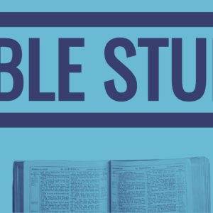 Open Bible with bold 'Bible Study' text on a blue background.