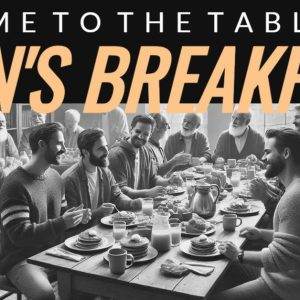 Group of men enjoying a hearty breakfast around a large table, with sunlight streaming through a window.