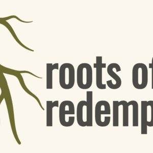 Roots of Redemption text with tree roots branching out on a neutral background.