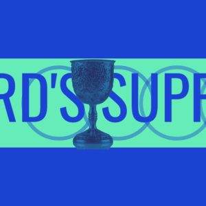 Lord's Supper design featuring a chalice against a blue background with bold lettering.