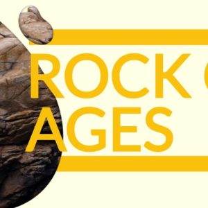 Rock formation with modern typography overlay in bold yellow text reading "Rock of Ages."