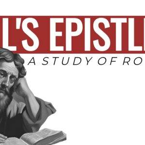 Artistic depiction of a thoughtful man with a book, titled Paul's Epistle, emphasizing a study of Romans.