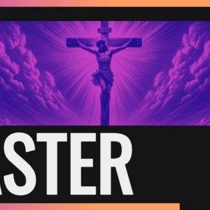 Easter crucifix illustration with vibrant purple hues and radiant clouds.