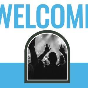 Crowd with raised hands under a large "Welcome" sign, highlighted in blue and white.