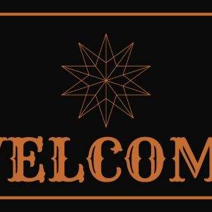 Elegant welcome sign with geometric star on a black background.